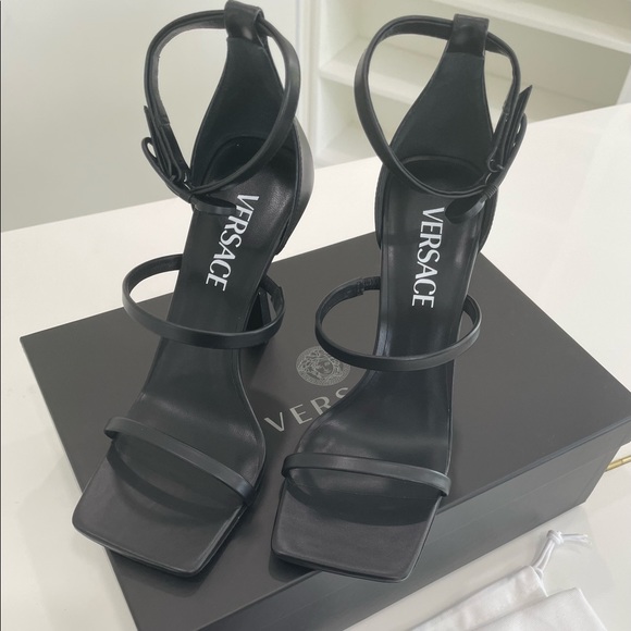 Versace Shoes - VERSACE Safety Pin Black Leather Ankle-Strap Sandals
